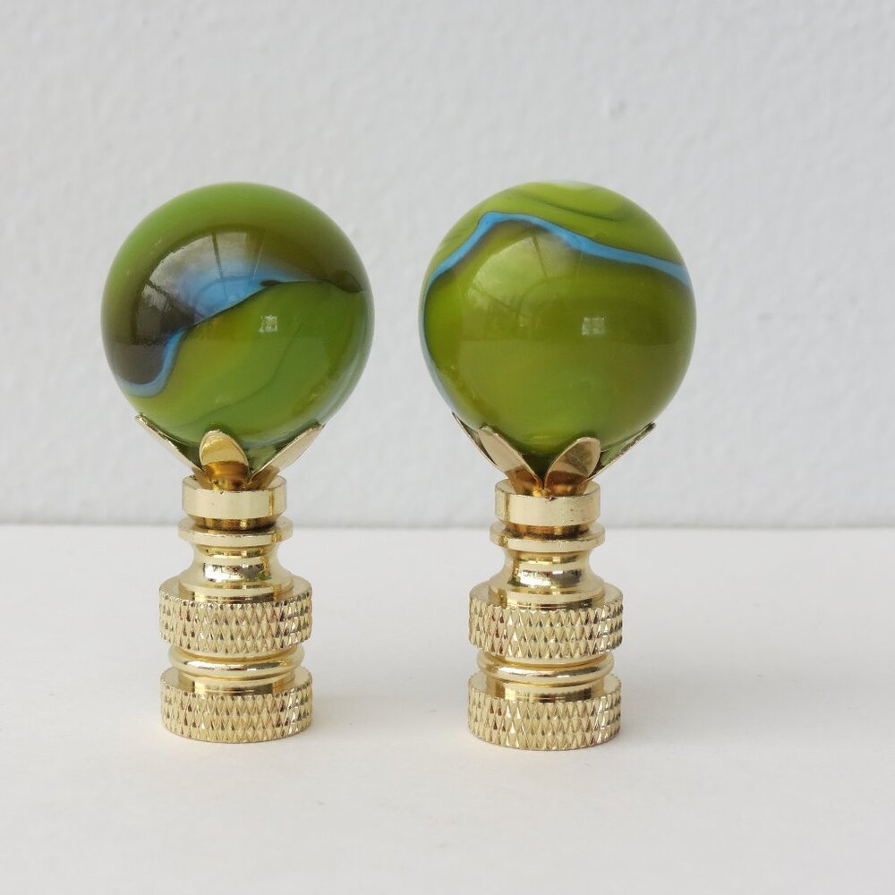 Handblown Murano Swirled Glass Ball Lamp Finials, a pair.